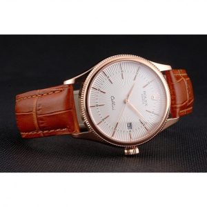 Super Clone Rolex Cellini Date White Dial Rose Gold Case Brown Leather Strap - Image 4