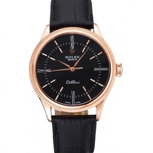 Super Clone Rolex Cellini Time Rose Gold Case Black Dial Black Leather Bracelet  622656 - Afbeelding 11