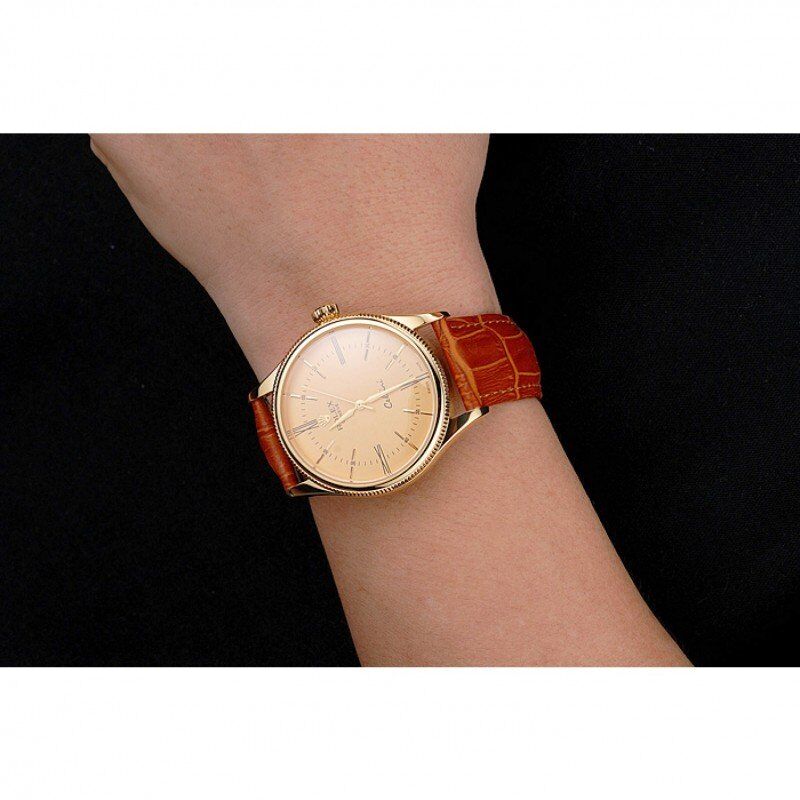 Super Clone Rolex Cellini Gold Dial Roman Numerals Gold Case Light Brown Leather Strap - Imagen 10