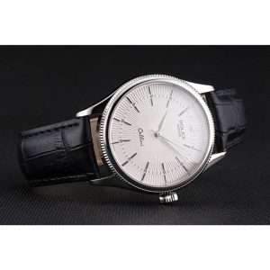 Super Clone Rolex Cellini White Guilloche Dial Stainless Steel Case Black Leather Strap – Image 5