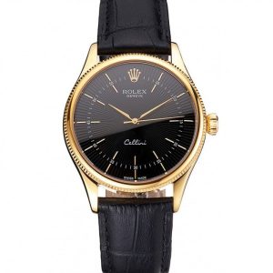 Super Clone Rolex Cellini Black Dial Gold Markings Gold Case Black Leather Strap - Image 11