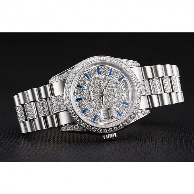 Super Clone Rolex Day-Date Diamond Pave Dial And Bezel And Stainless Steel Bracelet - Image 5