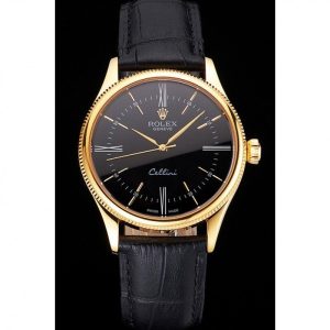 Alternative view of Super Clone Rolex Cellini Black Dial Roman Numerals Gold Case Black Leather Strap
