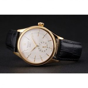 Super Clone Rolex Cellini White Dial Gold Case Black Leather Strap - Image 4