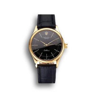 Super Clone Rolex Cellini Black Dial Gold Markings Gold Case Black Leather Strap