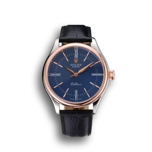 Rolex Cellini Blue Dial Gold Bezel Stainless Steel Case Black Leather Strap 622841