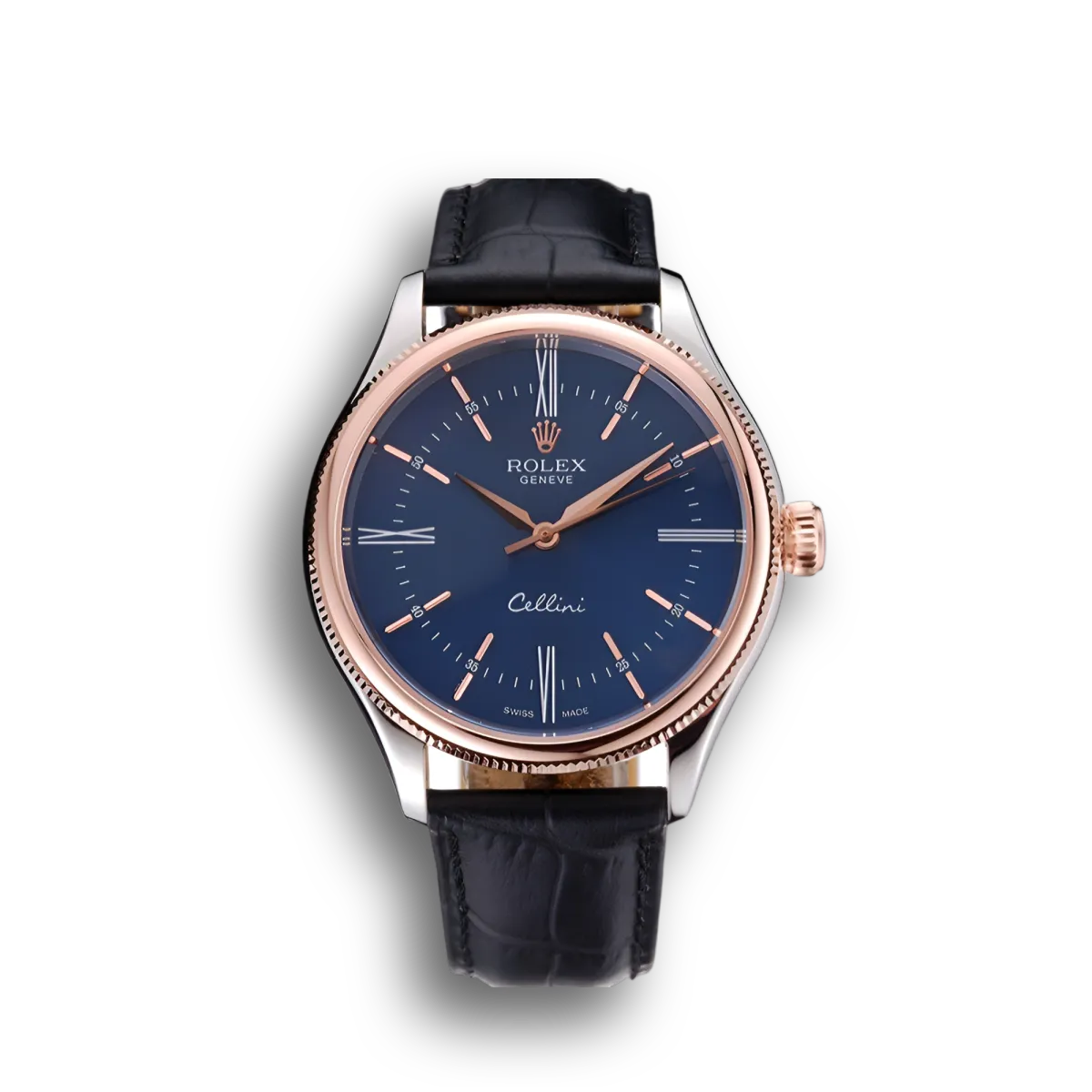 Rolex Cellini Blue Dial Gold Bezel Stainless Steel Case Black Leather Strap 622841
