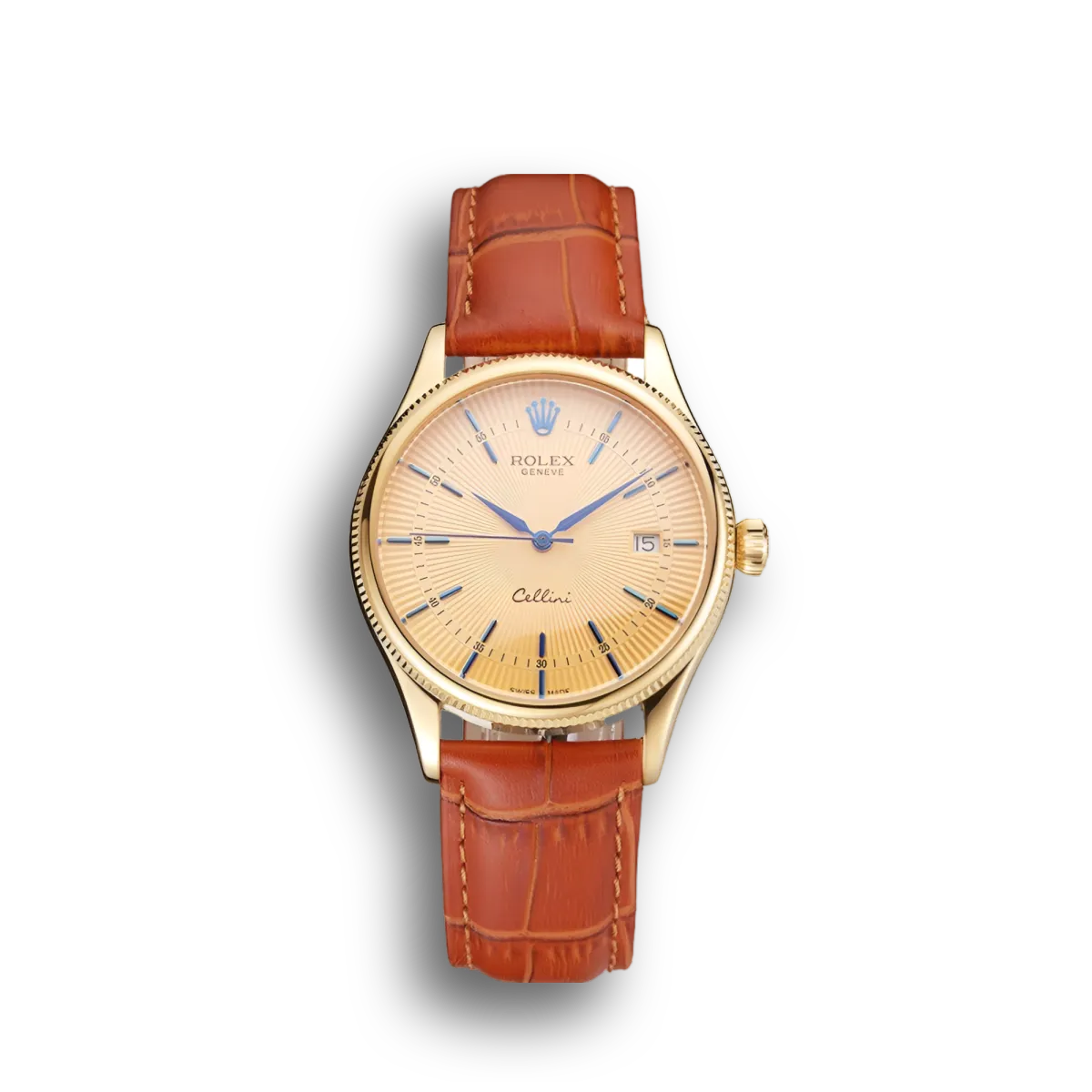 Super Clone Rolex Cellini Date Gold Guilloche Dial Gold Case Light Brown Leather Strap