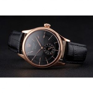 Super Clone Rolex Cellini Black Dial Rose Gold Case Black Leather Strap - Imagen 5