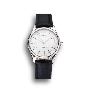 Super Clone Rolex Cellini White Guilloche Dial Stainless Steel Case Black Leather Strap