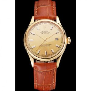 Super Clone Rolex Datejust Gold Dial Gold Case Light Brown Leather Strap - Image 2
