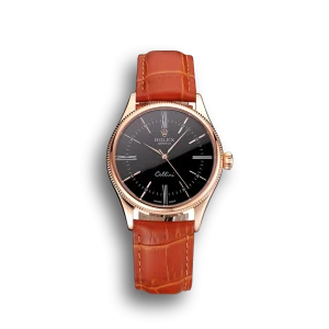 Super Clone Rolex Cellini Black Dial Roman Numerals Rose Gold Case Light Brown Leather Strap
