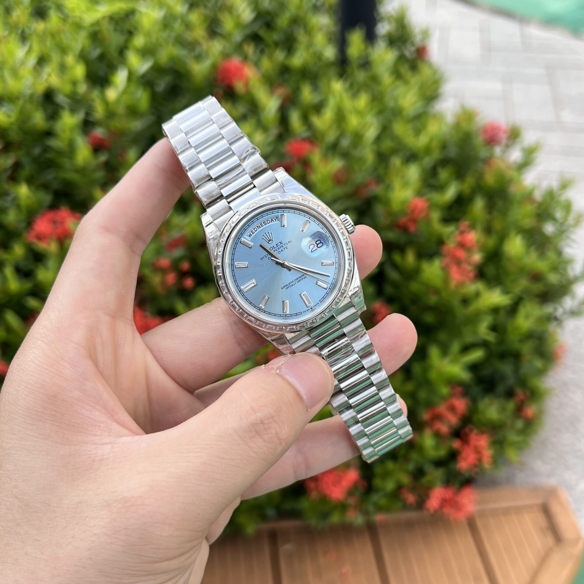 Super Clone Rolex Day-Date Ice Blue Diamond Dial 228396tbr-0002 40 mm - Image 4