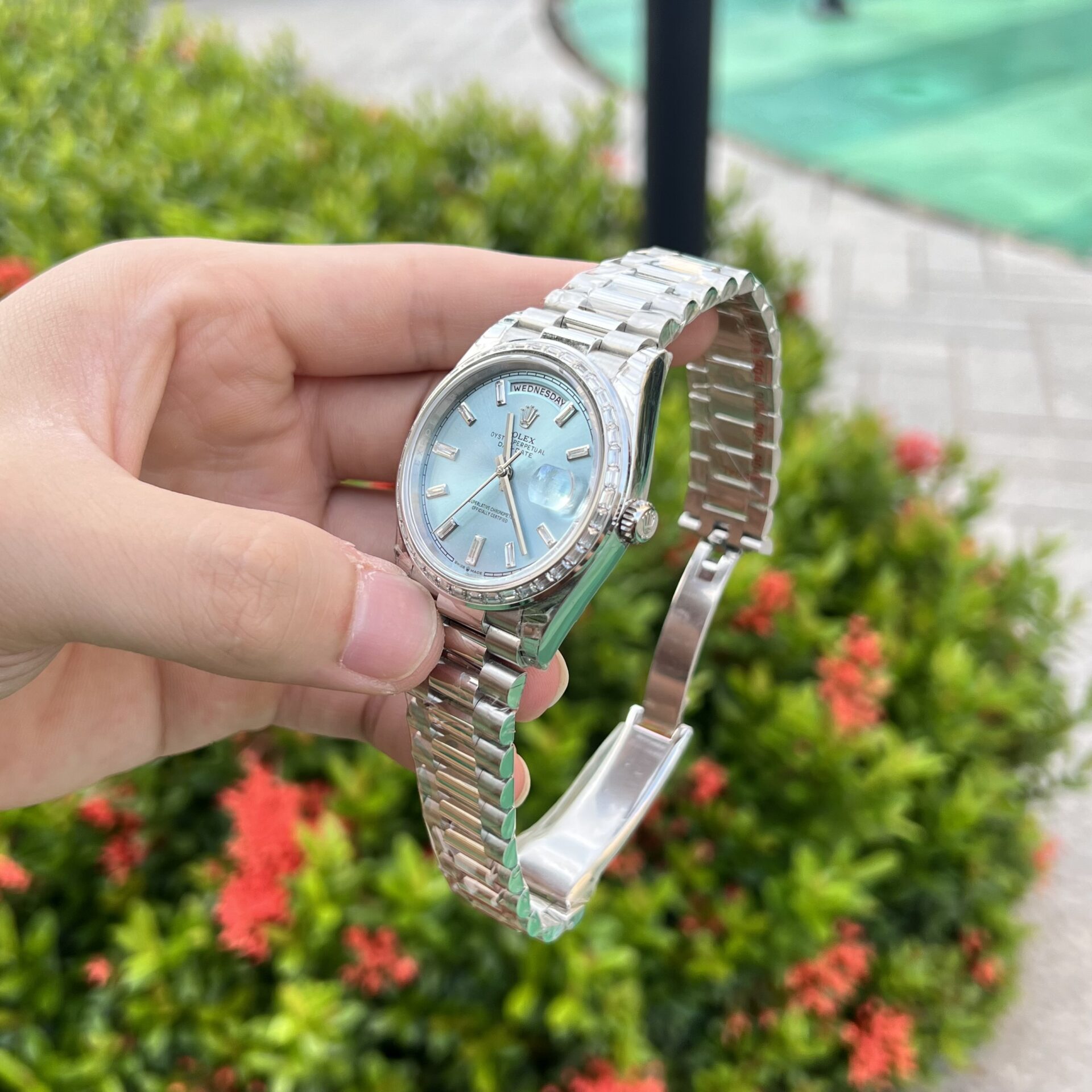 Super Clone Rolex Day-Date Ice Blue Diamond Dial 228396tbr-0002 40 mm - Image 6