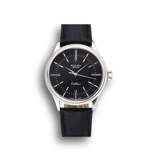 Super Clone Rolex Cellini Time Silver Case Black Dial Black Leather Bracelet  622654