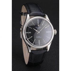 Super Clone Rolex Cellini Black Dial Roman Numerals Stainless Steel Case Black Leather Strap - Image 3