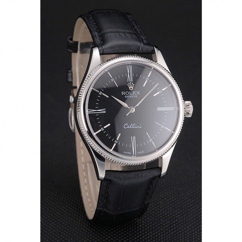 Super Clone Rolex Cellini Black Dial Roman Numerals Stainless Steel Case Black Leather Strap - Image 3