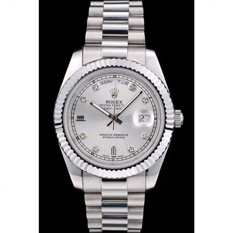 Super Clone Rolex DayDate Stainless Steel Ribbed Bezel Silver Dial 41995 - Image 2
