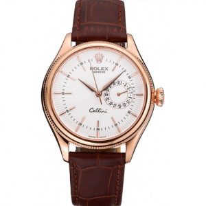 Rolex Cellini White Rose Dial Gold Case Brown Leather Bracelet 622725 - Image 11