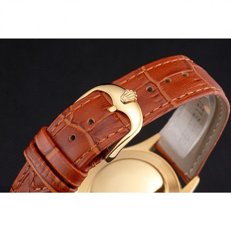 Super Clone Rolex Cellini Date Gold Guilloche Dial Gold Case Light Brown Leather Strap - Imagen 6