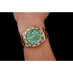 Super Clone Rolex GMT Master II Green Dial Stone Set Bezel Gold Case And Bracelet 1453748 - Image 10