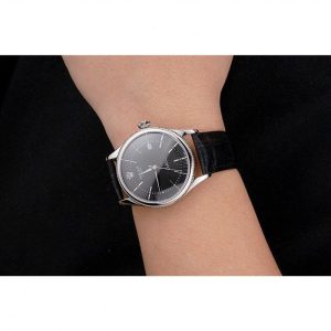 Super Clone Rolex Cellini Date Black Dial Stainless Steel Case Black Leather Strap - Image 10