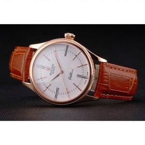 Super Clone Rolex Cellini White Dial Roman Numerals Rose Gold Case Light Brown Leather Strap - Imagen 4