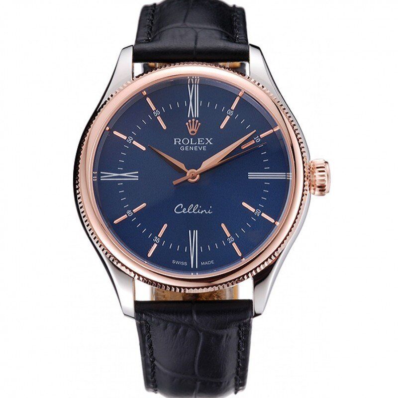 Rolex Cellini Blue Dial Gold Bezel Stainless Steel Case Black Leather Strap 622841 - Image 11