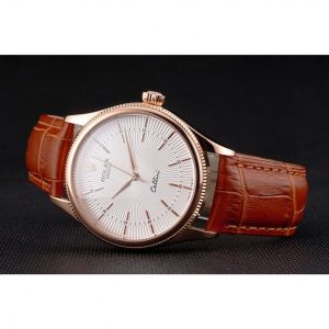Super Clone Rolex Cellini White Dial Rose Gold Case Brown Leather Strap - Image 4