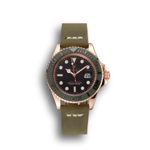 Rolex Yacht-Master Black Dial Green Bezel Rose Gold Case Green Leather Bracelet 1453862