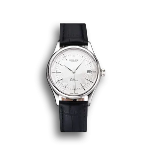Super Clone Rolex Cellini Date White Dial Stainless Steel Case Black Leather Strap