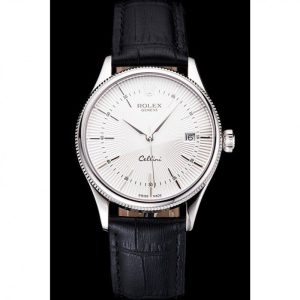 Alternative view of Super Clone Rolex Cellini Date White Dial Stainless Steel Case Black Leather Strap