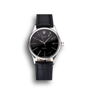 Super Clone Rolex Cellini Date Black Dial Stainless Steel Case Black Leather Strap