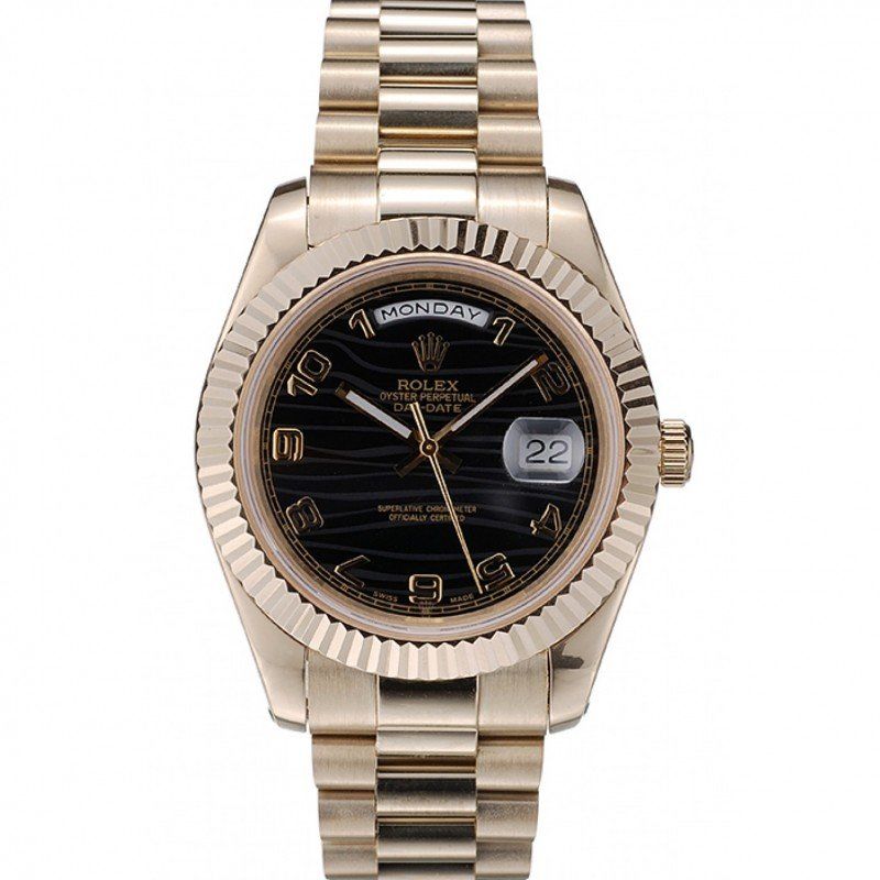 Super Clone Rolex Day-Date Gold Stainless Steel Ribbed Bezel Black Dial 41998 - Afbeelding 12