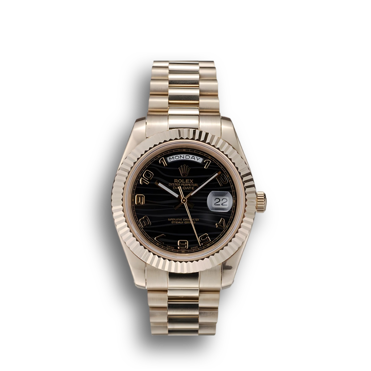 Super Clone Rolex Day-Date Gold Stainless Steel Ribbed Bezel Black Dial 41998