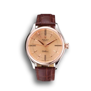 Rolex Cellini Gold Dial And Bezel Stainless Steel Case Brown Leather Strap 622840