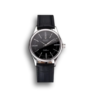 Super Clone Rolex Cellini Black Dial Roman Numerals Stainless Steel Case Black Leather Strap