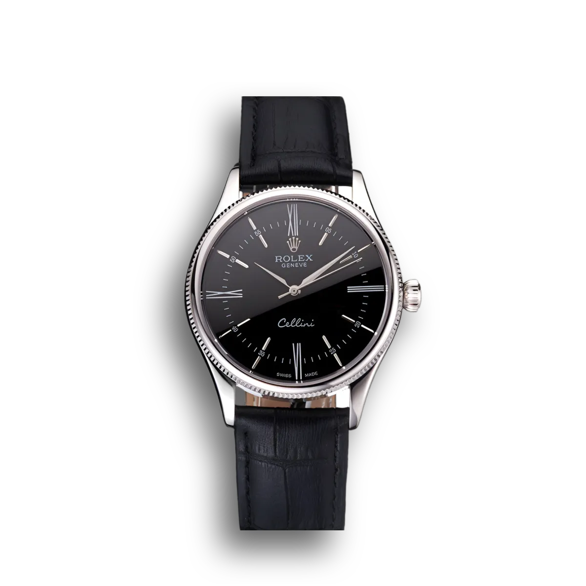 Super Clone Rolex Cellini Black Dial Roman Numerals Stainless Steel Case Black Leather Strap