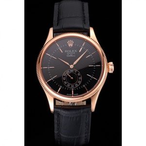 Alternative view of Super Clone Rolex Cellini Black Dial Rose Gold Case Black Leather Strap