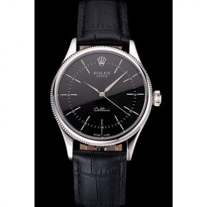 Alternative view of Super Clone Rolex Cellini Black Dial Steel Case Black Leather Strap