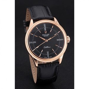 Super Clone Rolex Cellini Time Rose Gold Case Black Dial Black Leather Bracelet  622656 - Afbeelding 3