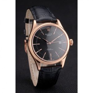 Super Clone Rolex Cellini Date Black Dial Rose Gold Markings Rose Gold Case Black Leather Strap - Imagen 3