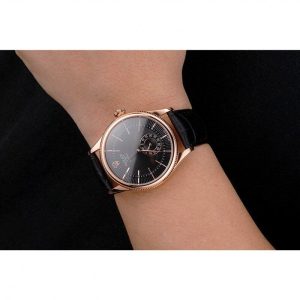 Super Clone Rolex Cellini Black Dial Rose Gold Case Black Leather Strap - Imagen 10