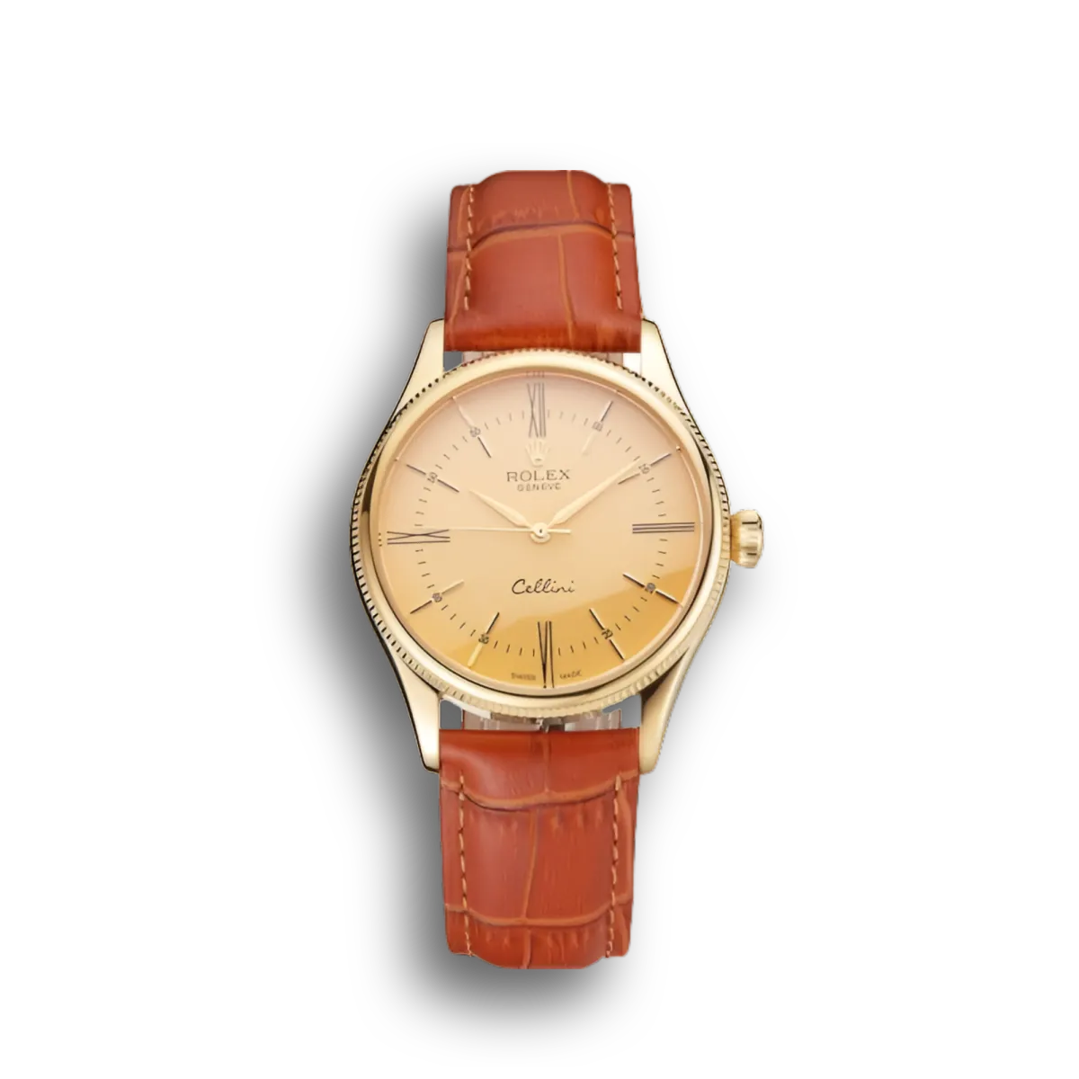 Super Clone Rolex Cellini Gold Dial Roman Numerals Gold Case Light Brown Leather Strap