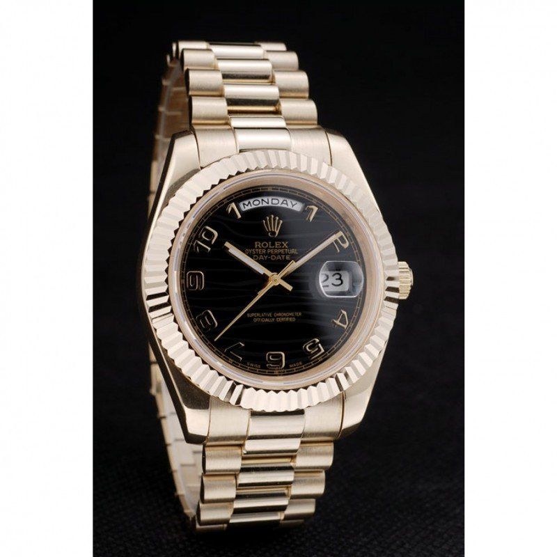 Super Clone Rolex Day-Date Gold Stainless Steel Ribbed Bezel Black Dial 41998 - Afbeelding 3