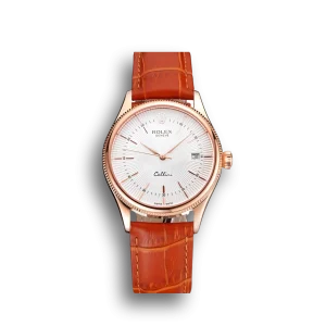 Super Clone Rolex Cellini White Dial Roman Numerals Rose Gold Case Light Brown Leather Strap