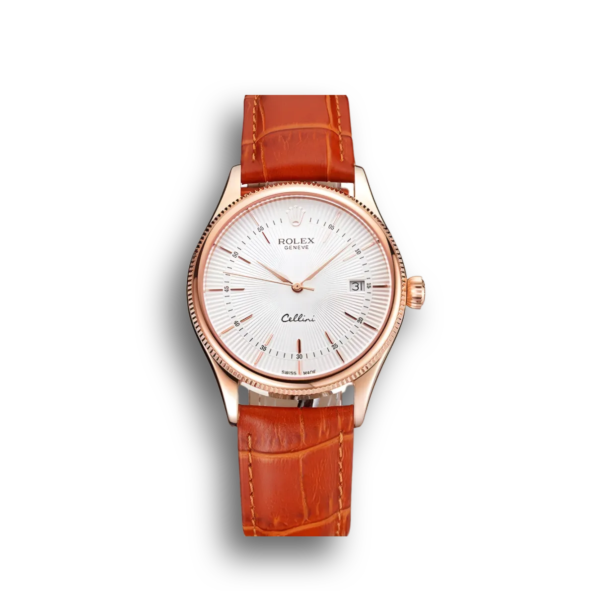 Super Clone Rolex Cellini White Dial Roman Numerals Rose Gold Case Light Brown Leather Strap