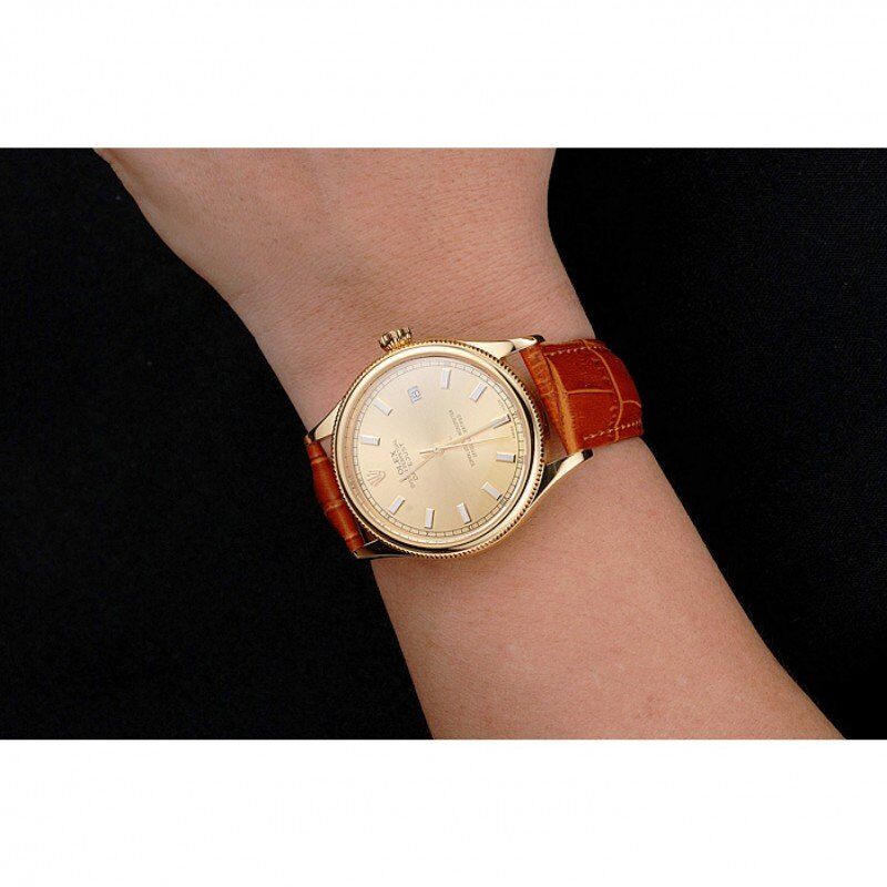 Super Clone Rolex Datejust Gold Dial Gold Case Light Brown Leather Strap - Image 10