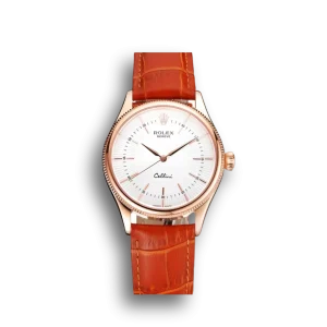 Super Clone Rolex Cellini White Dial Rose Gold Case Brown Leather Strap