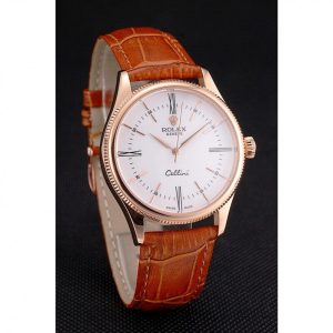 Super Clone Rolex Cellini White Dial Roman Numerals Rose Gold Case Light Brown Leather Strap - Imagen 3